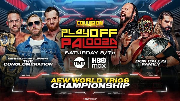 Promotional AEW Collision Playoff Palooza artwork showing the Conglomeration and Don Callis Family facing off around the AEW World Trios Championship. The graphic advertises a Saturday 8/7c broadcast on TNT and HBO Max.