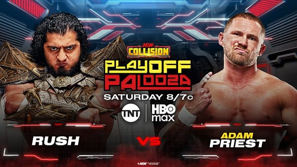 AEW Collision Playoff Palooza promo art showing Rush and Adam Priest facing off in a dramatic wrestling matchup. The graphic advertises Saturday at 8/7c on TNT and HBO Max.