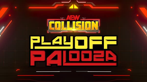 AEW Collision Playoff Palooza logo in bold yellow and red lettering on a dark, neon-styled background.
