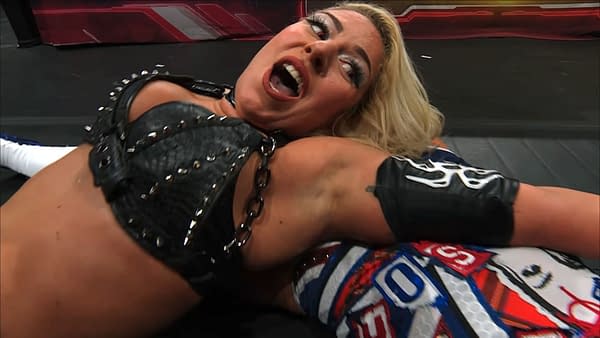 AEW Women's World Champion Thekla performs a wrestling move on Alex Windsor during a match at AEW Collision Spring Breakthru, showcasing her strength and determination.