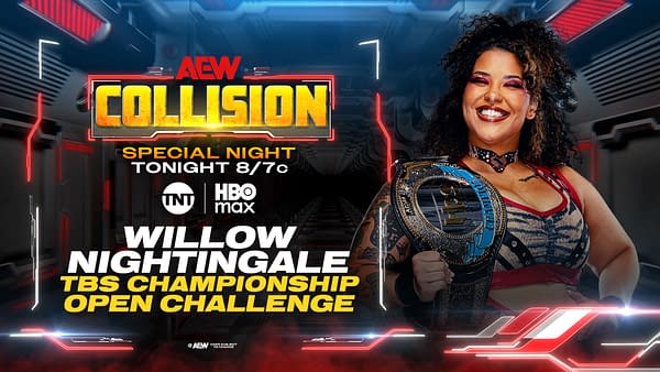 A promotional image for AEW Collision featuring Willow Nightingale holding the TBS Championship belt, with a futuristic background and event details.