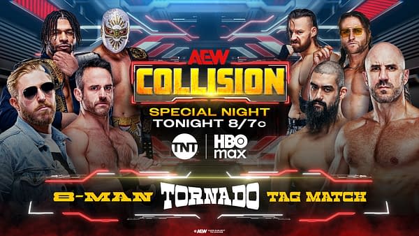Promotional graphic for AEW Collision featuring a lineup of six wrestlers, including masked and bearded competitors, with bold text announcing a special 8-man tornado tag match.