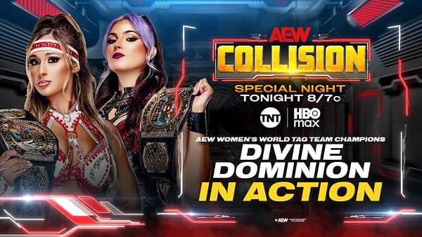 A promotional graphic featuring two women holding championship belts, both dressed in wrestling attire. Text indicates it is for 'AEW Collision' featuring the 'Divine Dominion' tag team, airing tonight.