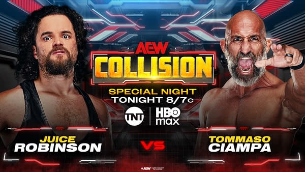 A promotional image for AEW Collision featuring two wrestlers: Juice Robinson, with dark curly hair and a serious expression, and Tommaso Ciampa, with a bald head and beard, showing a fierce gesture. The background is futuristic, with bold 'COLLISION' text in yellow, indicating a wrestling match tonight.