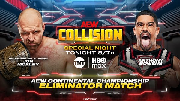 A promotional graphic for the AEW Collision event featuring Jon Moxley, the AEW Continental Champion, and Anthony Bowens, both showcasing intense expressions. Moxley holds his championship belt, emphasized by neon-style graphics and details about the event's timing and platform.