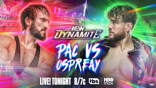 A promotional image for AEW Dynamite featuring wrestlers Pac and Will Ospreay. They are depicted in a dramatic, colorful graphic with a city skyline in the background.