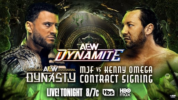A promotional graphic for AEW Dynamite featuring two wrestlers, MJF and Kenny Omega, facing off. The background includes a lush, green setting and elements indicative of a contract signing event, with text indicating it is live tonight.