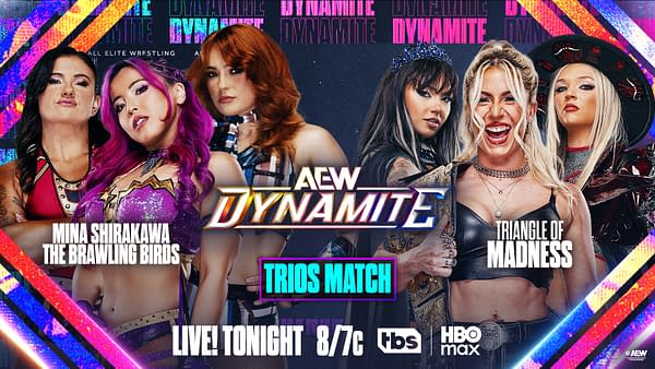 A dynamic graphic featuring a trios match for AEW Dynamite, showcasing wrestlers from the Brawling Birds and Triangle of Madness. Bright colors and bold text highlight the event details.