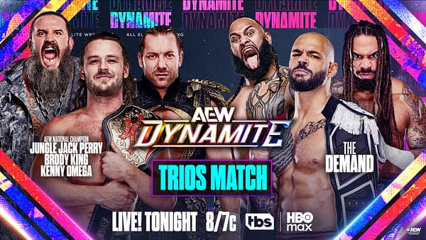 A promotional graphic for AEW Dynamite featuring several professional wrestlers. Notable elements include the names Jungle Jack Perry, Brody King, and Kenny Omega, and a highlighted section for a Trios Match. The background features colorful, dynamic graphics.
