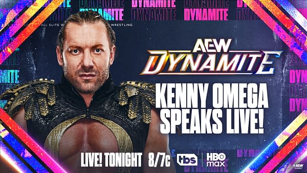 A promotional graphic featuring a male professional wrestler with short hair and a serious expression, wearing a heavily detailed black and gold outfit. The background includes bold text saying 'AEW DYNAMITE' and 'KENNY OMEGA SPEAKS LIVE!' with vibrant colors and dynamic shapes.