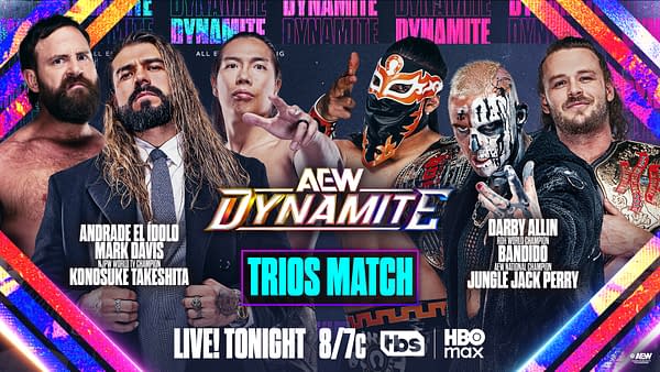 A vibrant graphic promoting an AEW Dynamite event, featuring six wrestlers: Andrade El Idolo, Mark Davis, Konosuke Takeshita, Darby Allin, Bandido, and Jungle Jack Perry. The text highlights a Trios Match set for tonight.