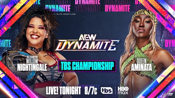 Promotional image for AEW Dynamite featuring two wrestlers: Willow Nightingale, the TBS Champion, smiling with her championship belt, and Queen Aminata, showcasing a confident pose. The background includes the AEW Dynamite logo and details about the event.