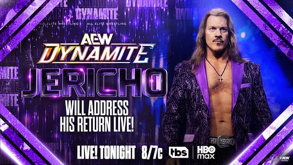 A promotional graphic for AEW Dynamite featuring a man with long hair dressed in a purple sequined suit, standing in front of a dynamic, colorful background. The text highlights his name, Jericho, and announces his return live.