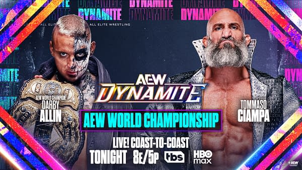 AEW Dynamite promotional graphic showing Darby Allin holding the AEW World Championship on the left and Tommaso Ciampa on the right, with a live championship match announcement. Colorful neon diagonal borders frame the poster.