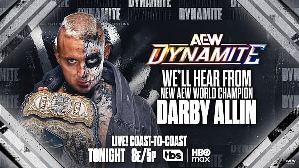 AEW Dynamite promotional graphic featuring Darby Allin holding the AEW World Championship, with bold text announcing he will speak live tonight.