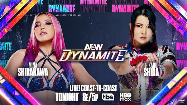 AEW Dynamite promotional graphic featuring Mina Shirakawa and Hikaru Shida facing off on a neon-lit background. The poster announces a live coast-to-coast broadcast tonight on TBS and HBO Max.