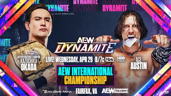 AEW Dynamite promotional graphic featuring Kazuchika Okada with the AEW International Championship and Ace Austin pointing toward the viewer.