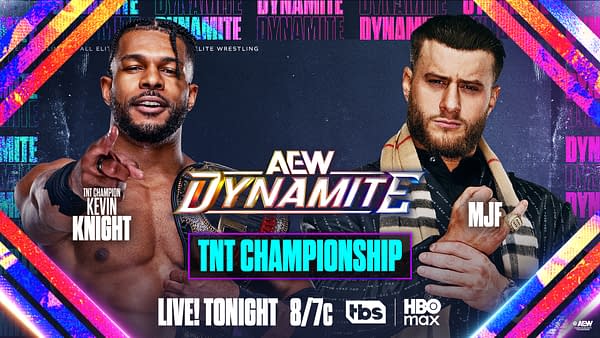 AEW Dynamite promotional graphic for a TNT Championship match between Kevin Knight and MJF, with both wrestlers facing off. The graphic says the show is live tonight on TBS and HBO Max.