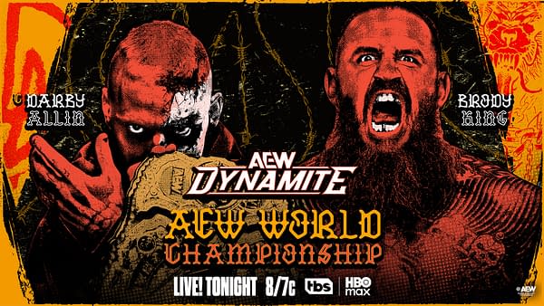AEW Dynamite promotional poster featuring Brody King and Darby Allin facing off for the AEW World Championship. The graphic uses dark, fiery colors and a dramatic wrestling match style.