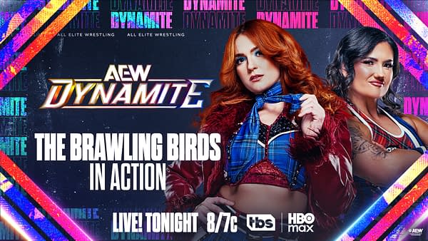 AEW Dynamite promotional graphic featuring The Brawling Birds, with two wrestlers posed in front of the AEW Dynamite logo and colorful neon diagonal accents.