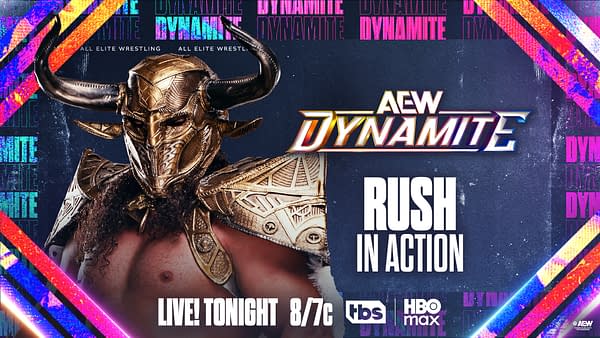 AEW Dynamite promotional graphic featuring wrestler Rush in a gold bull mask and armor, with a colorful neon border and event logos.