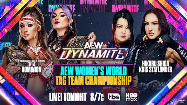 AEW Dynamite promotional graphic for the AEW Women's World Tag Team Championship, showing Divine Dominion on the left and Hikaru Shida and Kris Statlander on the right.