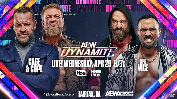 AEW Dynamite promotional poster featuring Cage and Cope on the left and Roderick Strong versus Ricochet on the right, with a live Wednesday, April 29 matchup graphic in the center.