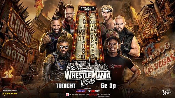 A promotional graphic for a 6-man tag team match at WrestleMania. Various wrestlers are featured in an action-packed design against a Las Vegas backdrop, including signs for a casino and hotel.