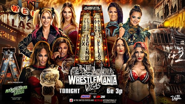 A promotional graphic for WrestleMania showcasing six female wrestlers, featuring the WWE Women's Tag Team Championship match details, with a Las Vegas backdrop.