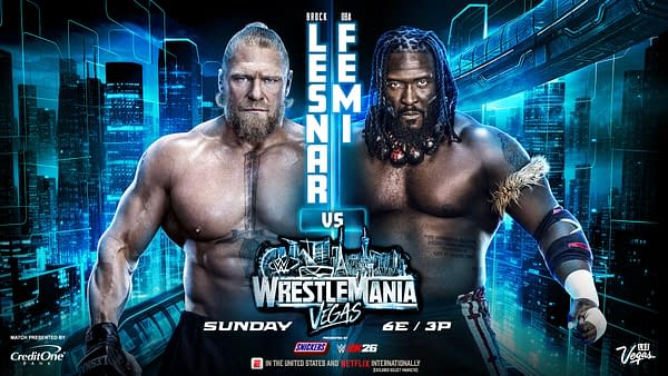 Digital artwork showcasing wrestlers Brock Lesnar and Oba Femi, facing off against a futuristic city backdrop, with blue accents and WrestleMania branding prominently displayed.