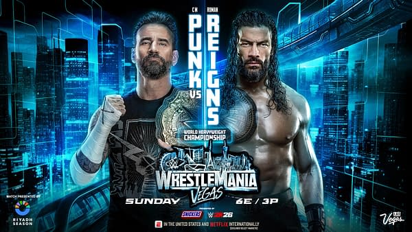 Promotional graphic featuring CM Punk and Roman Reigns facing each other, with Punk holding the World Heavyweight Championship belt. The background shows a futuristic cityscape, and text indicates the match is happening at WrestleMania in Las Vegas.