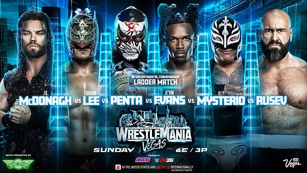 Promotional art featuring six wrestlers in a ladder match for the Intercontinental Championship at WrestleMania 42. The wrestlers are JD McDonagh, Dragon Lee, Penta, JeVon Evans, Rey Mysterio, and Rusev.