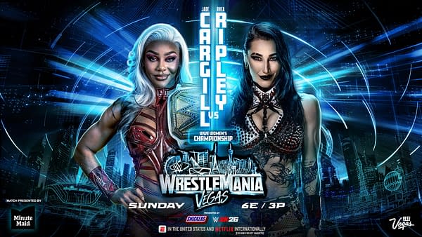 Key art featuring Jade Cargill and Rhea Ripley facing each other for the WWE Women's Championship at WrestleMania 42 in Las Vegas, with a vibrant blue background and city skyline.