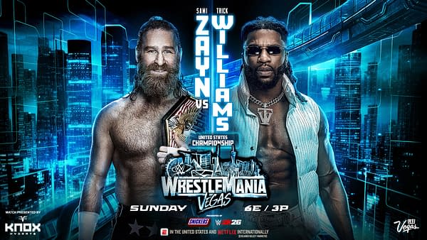 Promotional artwork for WrestleMania 42 featuring Sami Zayn and Trick Williams facing off for the United States Championship. The backdrop includes a futuristic cityscape and neon accents.