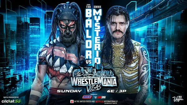 Promotional artwork for WrestleMania 42 showcases The Demon Finn Balor on the left and Dominik Mysterio on the right, set against a futuristic city backdrop. Both wrestlers display unique costumes and intense expressions.