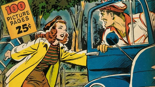 A colorful illustration from a classic romance comic, depicting a brunette woman wearing a yellow coat and striped shirt, conversing with a man in a car. A sign displays '100 Picture Pages 25¢'.