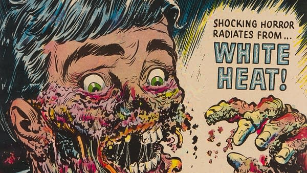 A colorful comic book cover featuring a grotesque figure with a disfigured face and shocking expression. The title reads 'WHITE HEAT!' alongside imagery that evokes horror.