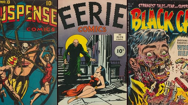 A collage of three vintage comic book covers featuring horror themes. The center cover titled "Eerie Comics" depicts a sinister figure in a robe approaching a woman on the steps during a full moon, surrounded by two other covers showing disturbing imagery, including a spider and a gruesome face.