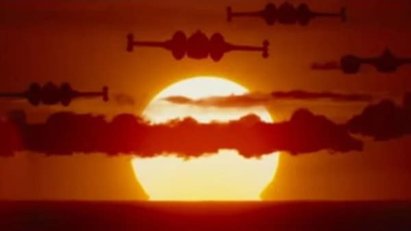 A dramatic sunset fills the sky with vibrant orange hues, silhouetted starfighter ships flying across, creating a scenic backdrop reminiscent of space adventures.