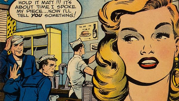 A vintage romance comic illustration featuring a glamorous woman with blonde hair speaking dramatically, while a group of men in uniforms react in the background. The setting appears to be a diner, with food items visible.