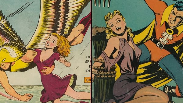 A colorful comic book illustration featuring two scenes: on the left, a muscular superhero with a yellow costume and wings is flying, holding a frightened woman in a red dress; on the right, a heroic man in a red and yellow costume is saving a woman whose hands are tied, both characters expressing intense emotions.