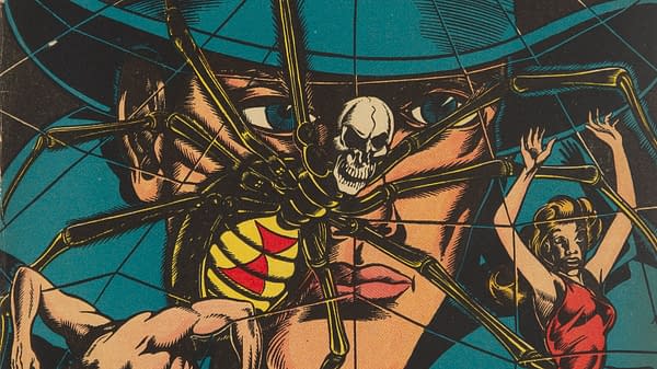 A vintage comic cover featuring a dramatic scene with a giant spider, a skull, and a woman in distress. The background is filled with bold colors and intricate web patterns, enhancing the eerie atmosphere.