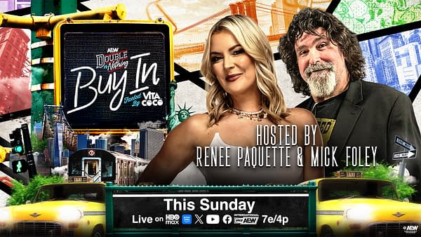 AEW promotional poster for Double or Nothing Buy In featuring Renee Paquette and Mick Foley against a colorful New York City backdrop. The graphic includes event details and streaming platforms.