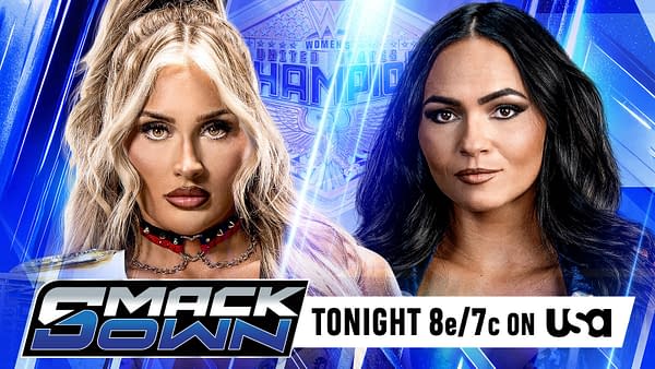 WWE SmackDown promotional graphic featuring Giulia and Tiffany Stratton facing off in a Women's United States Championship matchup, with the SmackDown logo and a