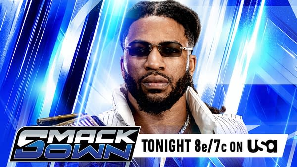 WWE SmackDown promotional graphic featuring Trick Williams in sunglasses and a white jacket against a blue, streaked background. The SmackDown logo and