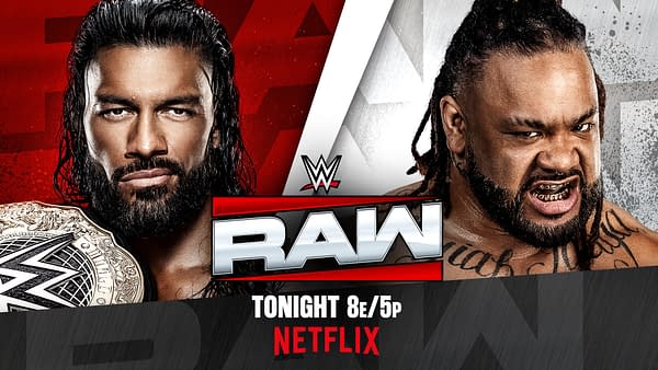 WWE Raw promotional graphic showing Roman Reigns on the left with a championship belt and Jacob Fatu on the right, both staring intensely across the Raw logo. The banner advertises tonight's Netflix broadcast.