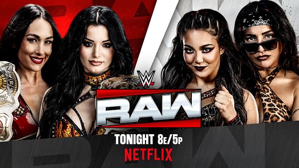 WWE Raw promotional graphic featuring four women's tag team wrestlers posed around the RAW logo, with championship belts and a