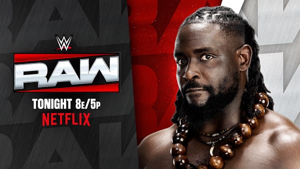 WWE Raw promo graphic featuring a serious close-up of wrestler Oba Femi beside the Raw logo, with tonight's 8/5c and Netflix branding.