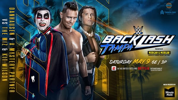 WWE Backlash Tampa promotional poster featuring Danhausen, A-Mysterio? and Kit Wilson for a men's tag team match, with the event date prominently displayed. The design has a dramatic blue-and-gold tropical background and the WWE Backlash logo.
