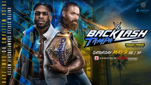 WWE Backlash Tampa promotional poster showing Trick Williams and Sami Zayn with a championship belt, set against a tropical city backdrop. The graphic advertises their United States Championship match.